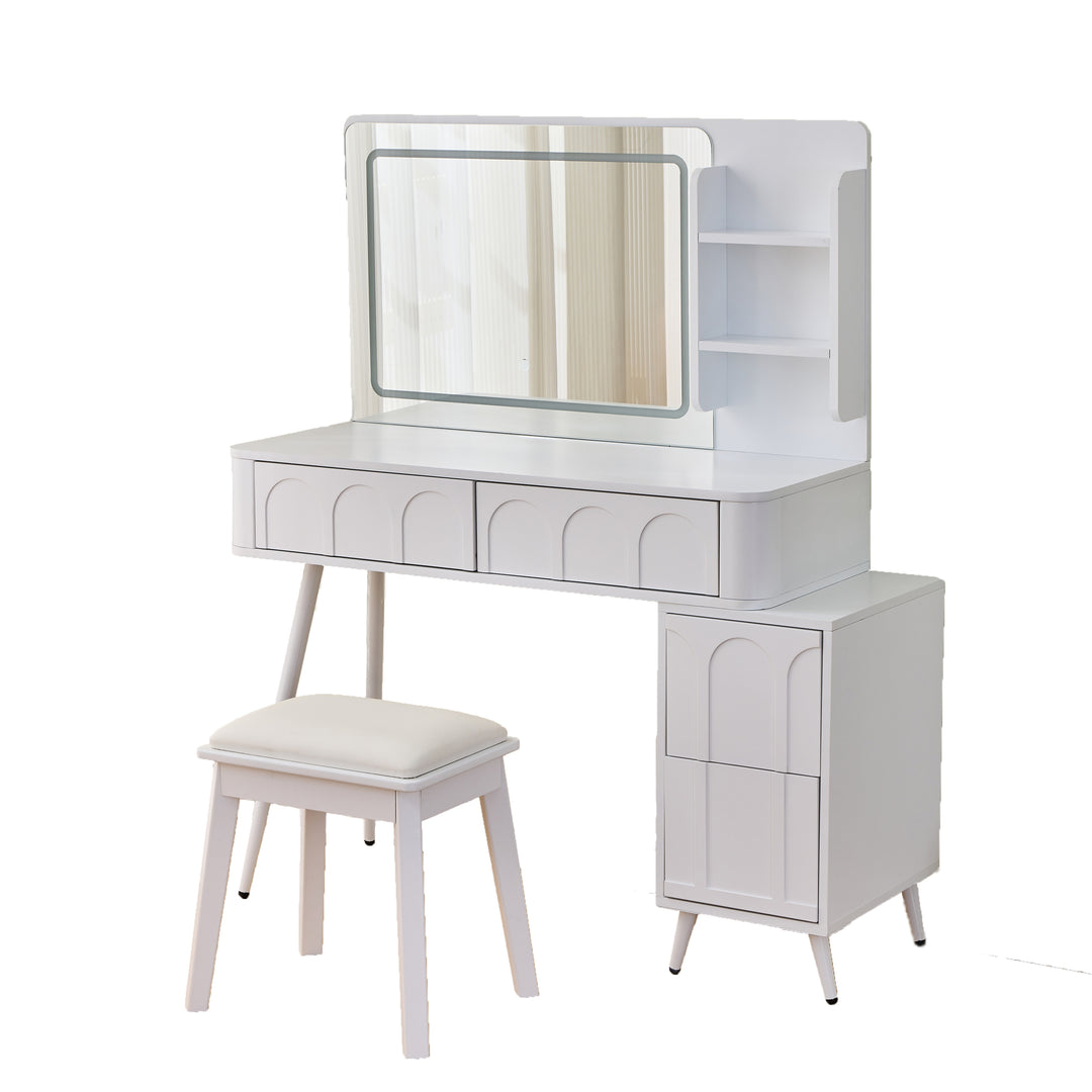 Modern White Makeup Vanity Desk with LED Lights & Mirror