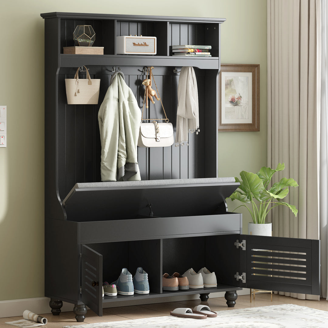 47.2'' Wide Hall Tree Black Coat Rack with Storage Bench Cushion & 4 Sturdy Hooks