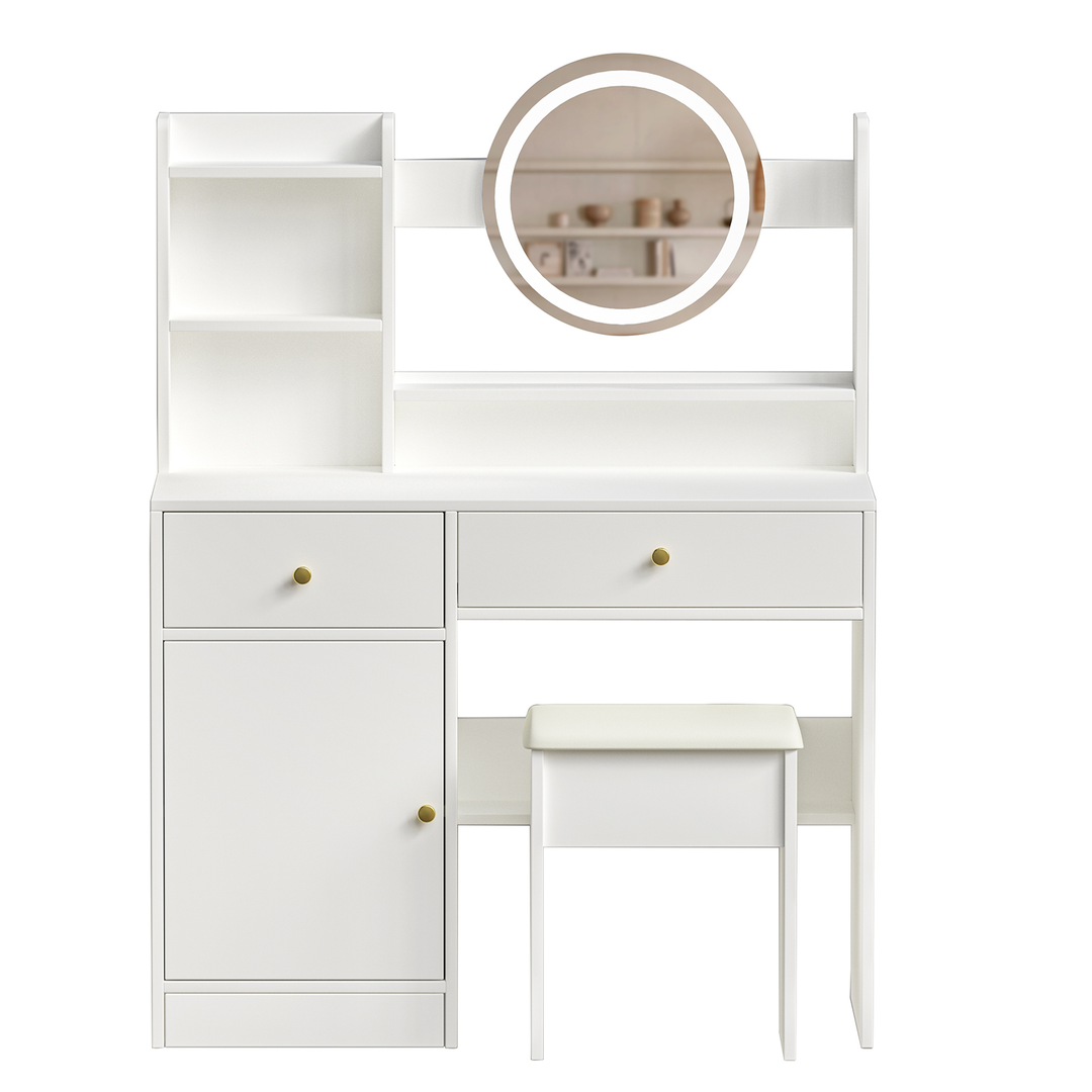 Fashion White Vanity Desk with Mirror and Lights for Makeup and Cushioned Chair