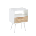Load image into Gallery viewer, Modern Rattan White End Table with Drawer and Solid Wood Legs
