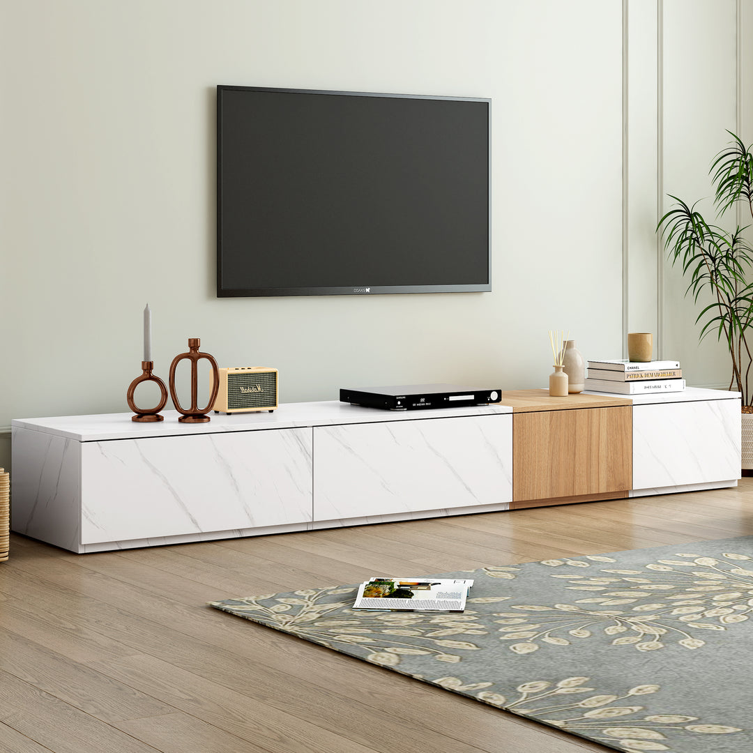 TV Stand with Faux Marble and Walnut Wood Grain Finish for TVs up to 88''