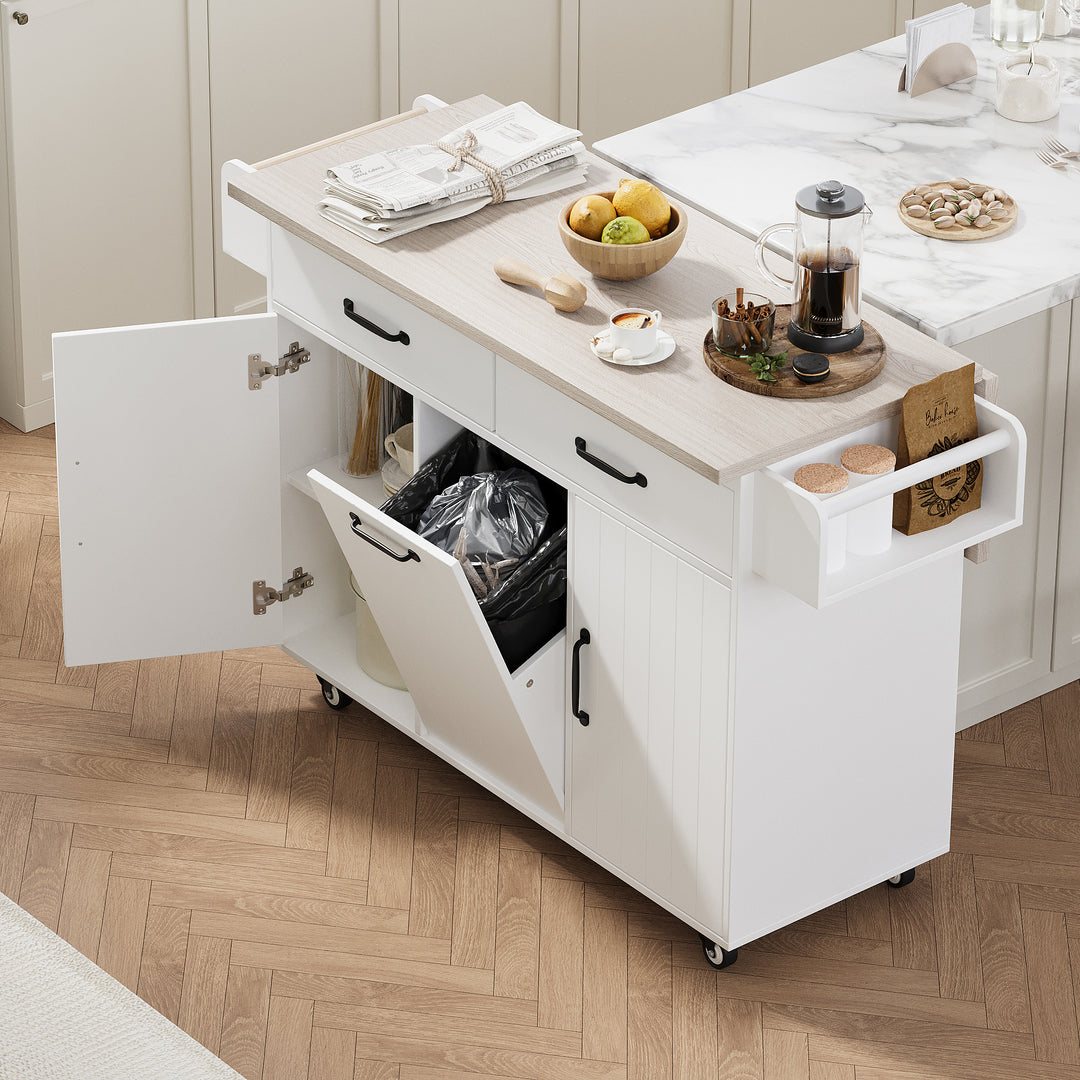 White Kitchen Island with Trash Can Storage Cabinet Towel Rack & Drawer