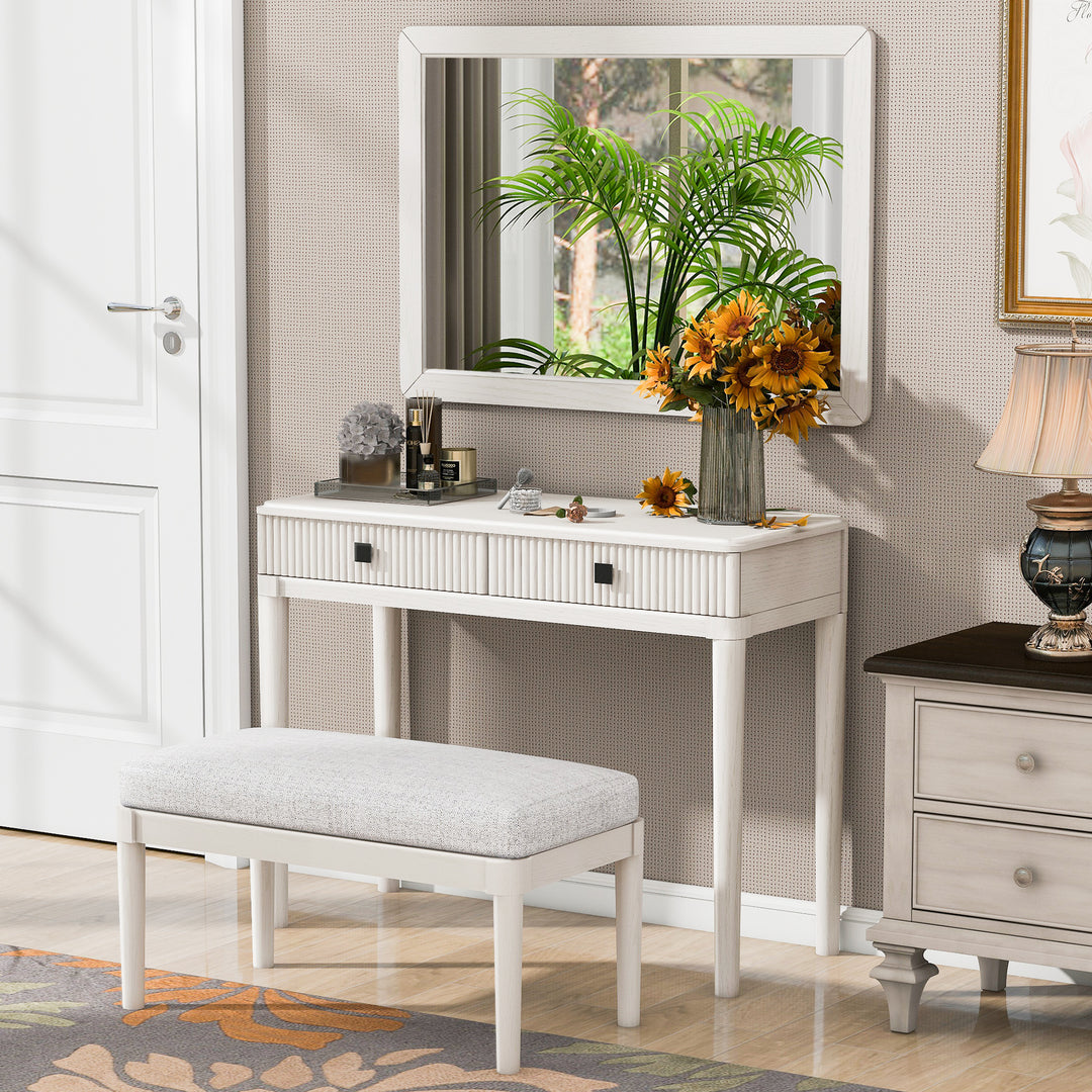 Modern 2 Large Drawers White Vanity Desk with Mirror Stool