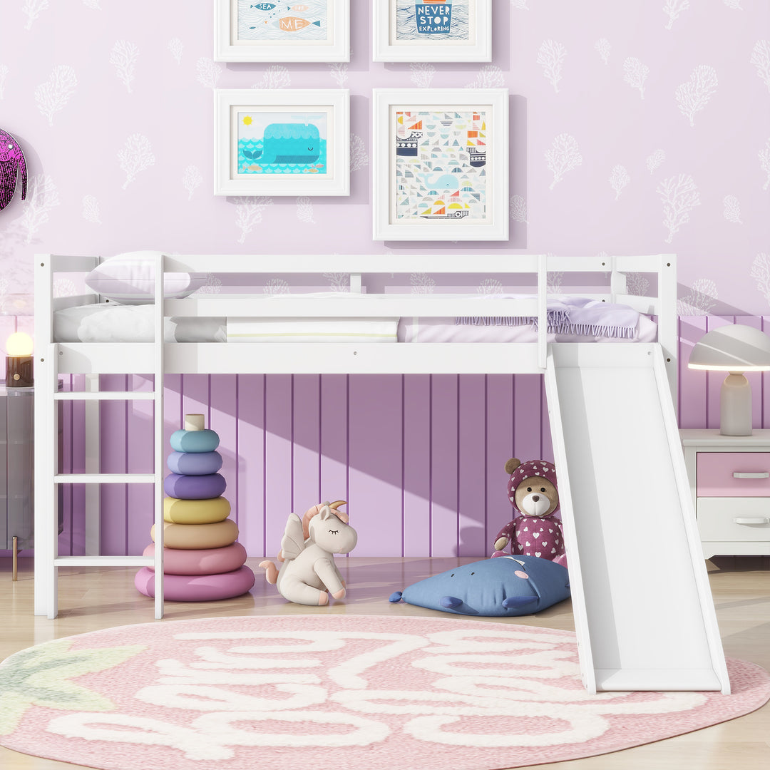 White Twin Low Loft Bed with Slide Ladder Safety Guardrails