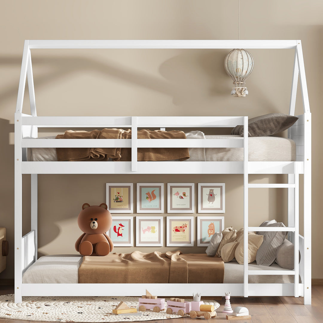 Twin Over Twin House Floor Bunk Bed with Headboards Guardrails & Ladder