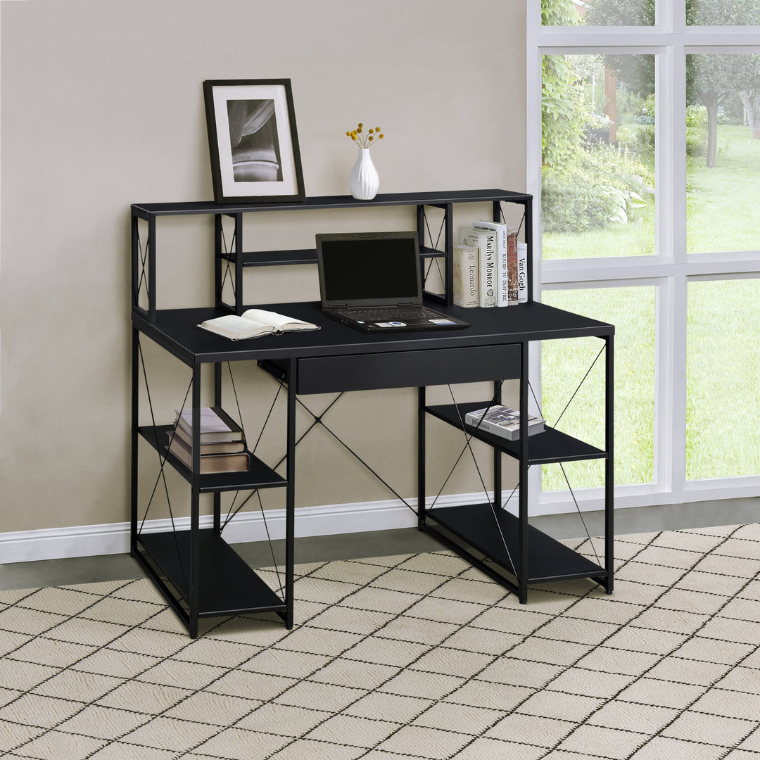 Black Office Writting Desk with Open Shelves & Drawer