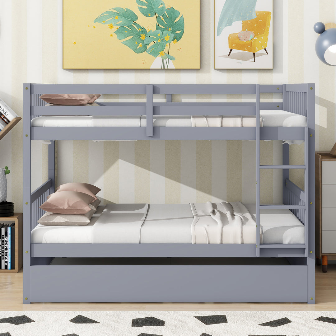 Full Over Full Rubber Wood Bunk Bed with Trundle Ladder & Guardrails