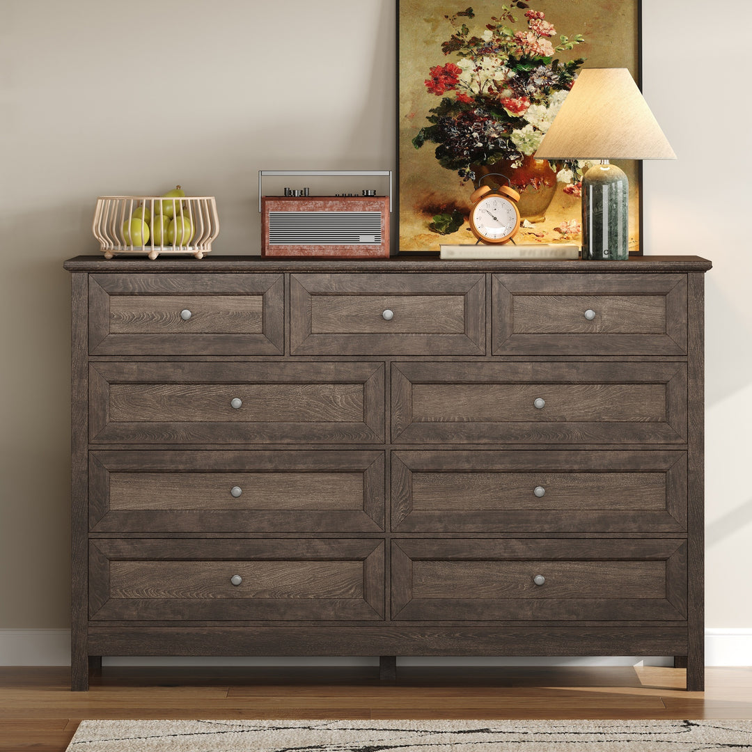 Wood Rustic Storage Brown Dresser with 9 Drawers and Silver Handle