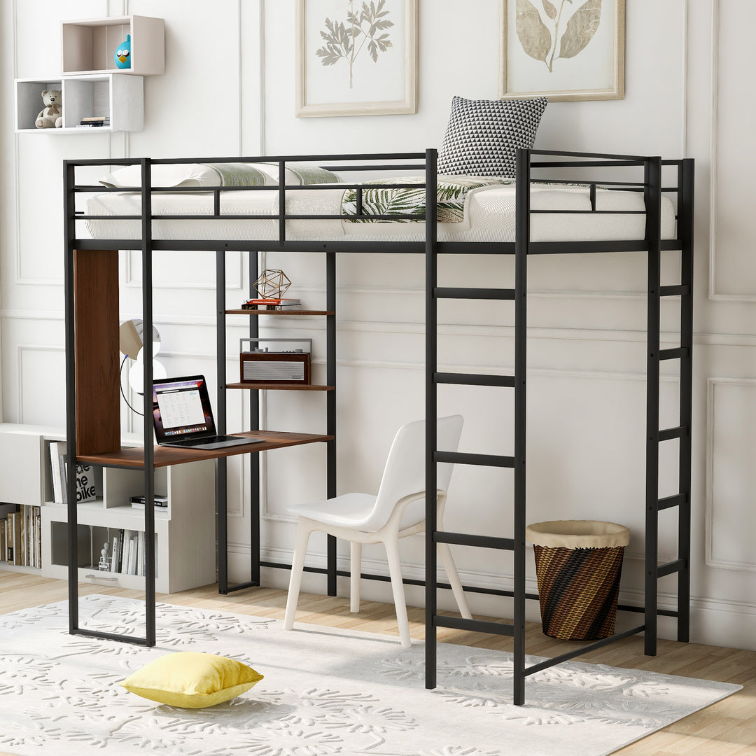Twin Metal Loft Black Bed With 2 Shelves and One Desk