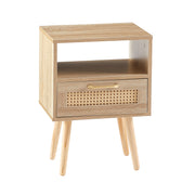 Modern Rattan End Table with Drawer and Solid Wood Legs