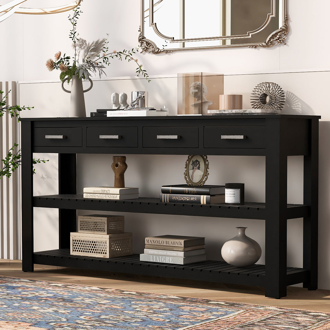 Entryway Black Console Table with 4 Drawers and 2 Shelves