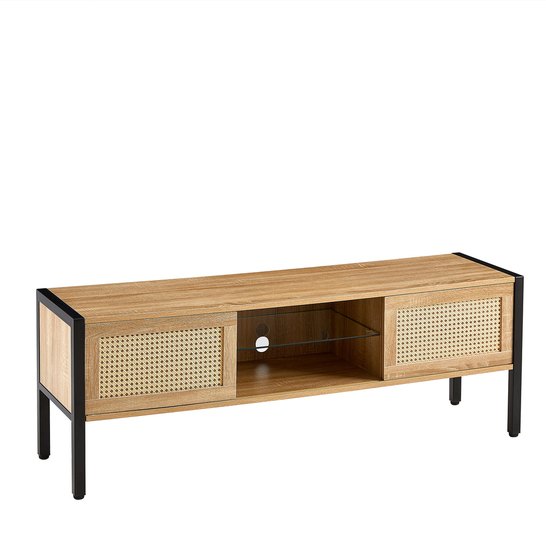 Natural Rattan Double Sliding Doors TV Cabinet with Color Light Strip