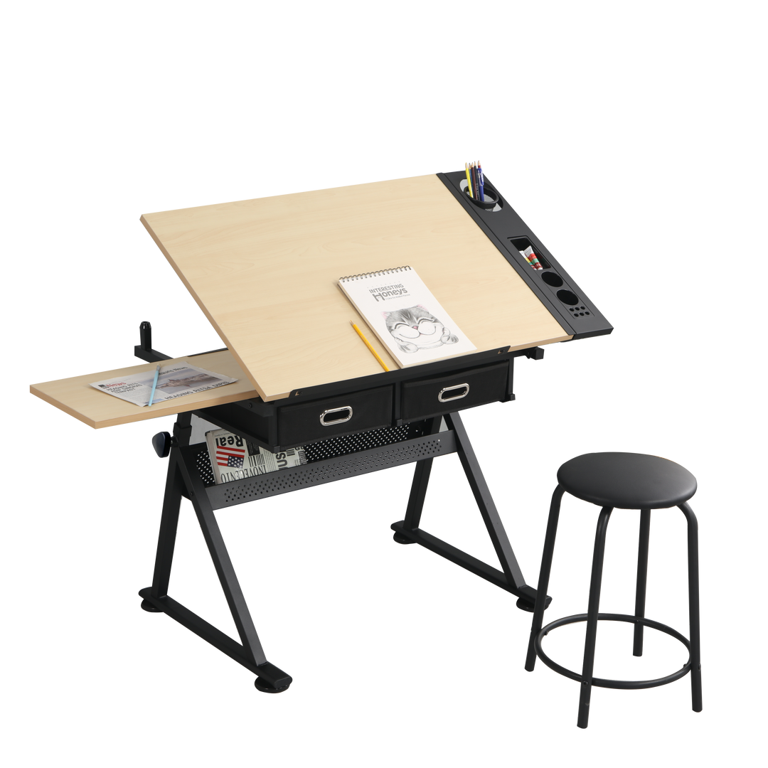 Adjustable Drawing Drafting Table Desk With 2 Drawers & 1 Stool