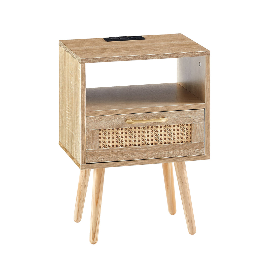 Modern Rattan End Table with Power Outlet & USB Ports