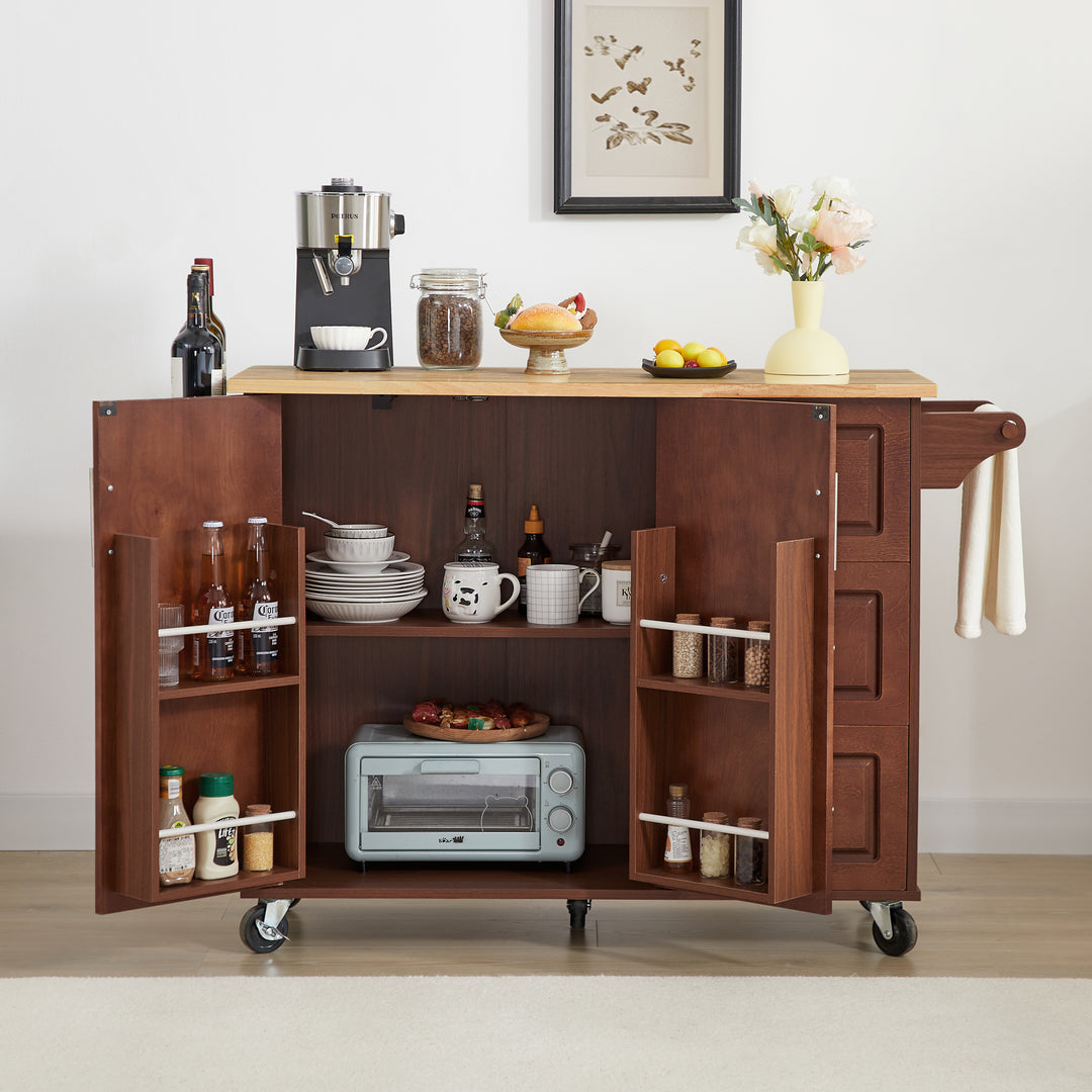 Rolling Retro Brown Kitchen Island with Drop Leaf Countertop Storage Cabinet