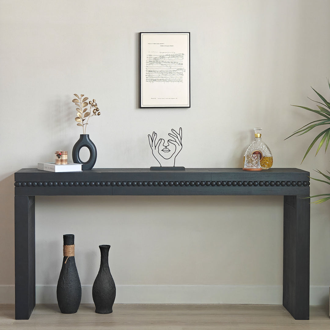 64'' Modern Black Wood Console Table Entryway Table with Decorative Beaded Trim