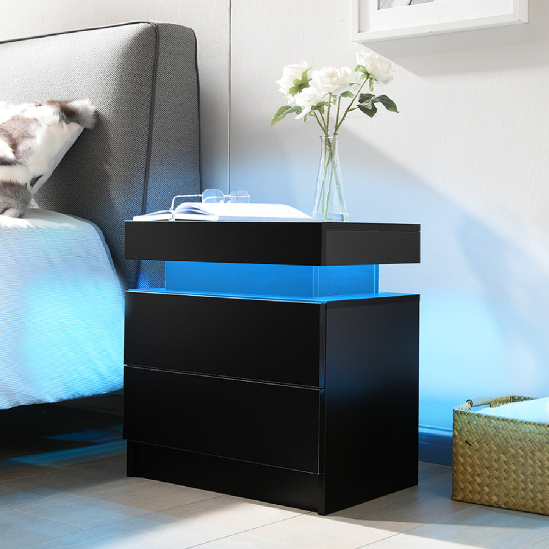 Nightstand LED Bedside Table Cabinet Lights Modern End Side with 2 Drawers
