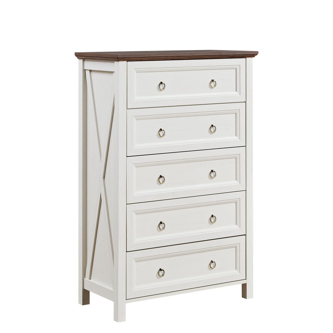 Farmhouse Wood Rustic Tall Chest 5 Drawers Dresser