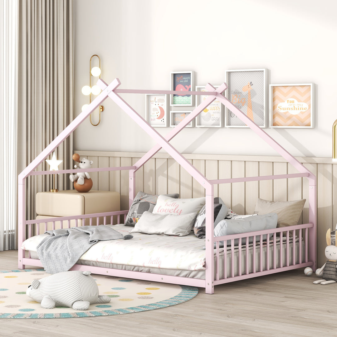 Pink Full Size Metal House Bed
