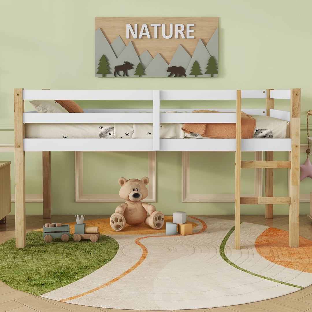 Natural-white Rubber Wooden Twin Loft Bed with Ladder