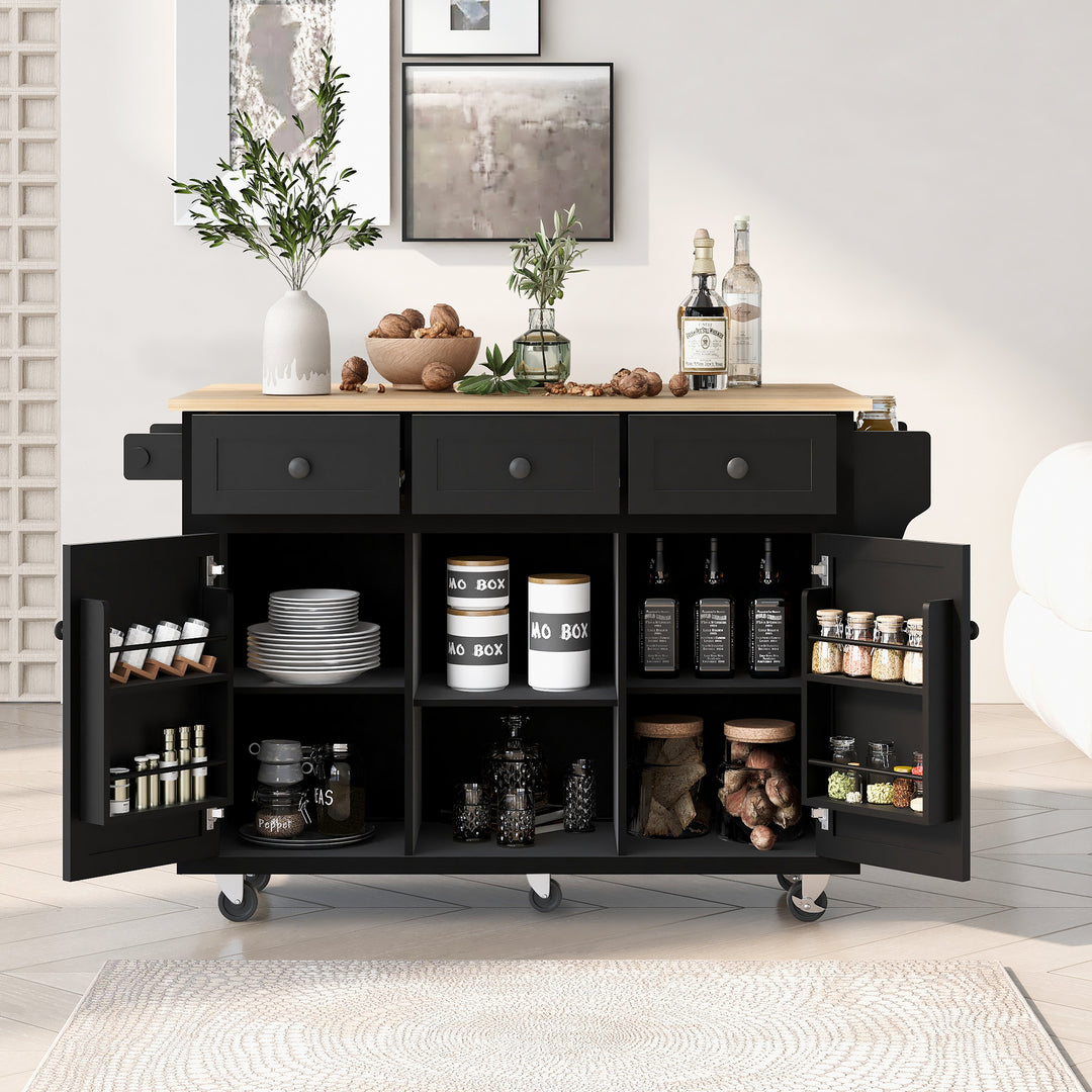Black Kitchen Cart with Rubber wood Drop-Leaf Countertop