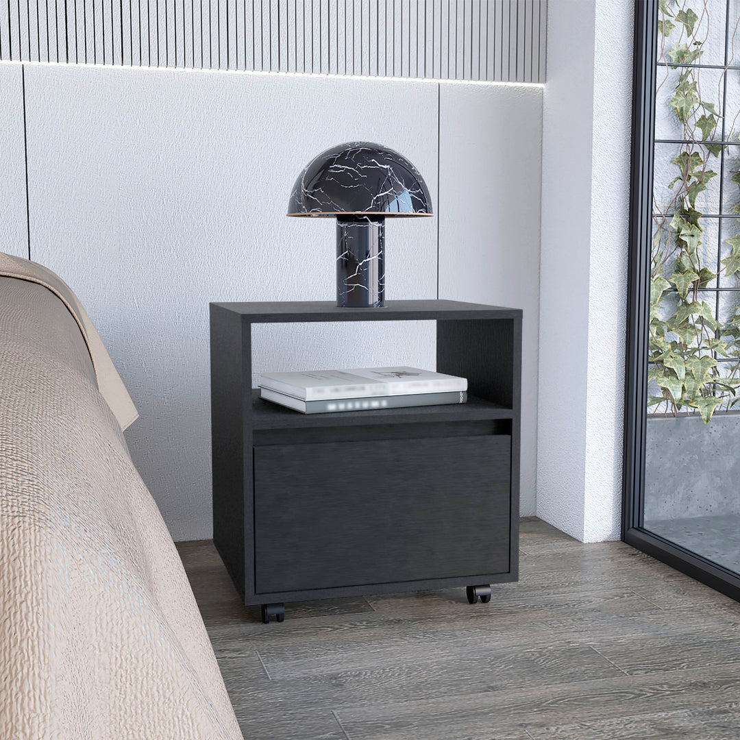 20'H Black Nightstand with One Open Shelf 1 Drawer and Casters