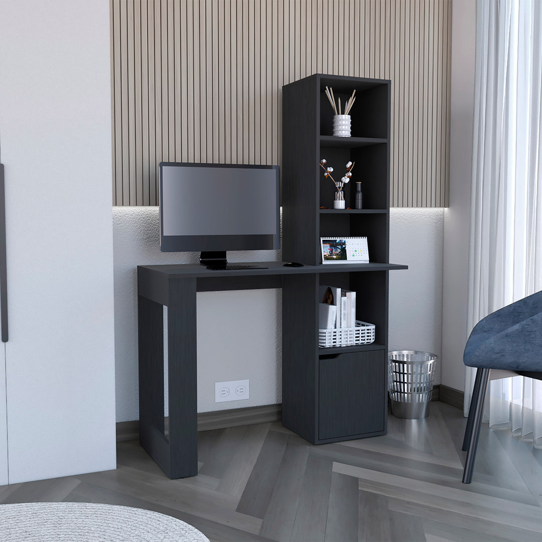 Black Wengue Finish Office Desk with Four-Tier Bookcase & Lower Cabinet
