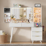 Load image into Gallery viewer, White Makeup Vanity Table with Glass Top and Drawers &amp; Cushioned Stool