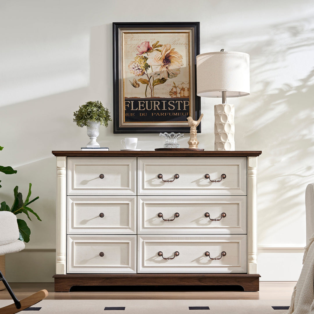 Farmhouse Style Wooden 6 Storage Drawer Dresser