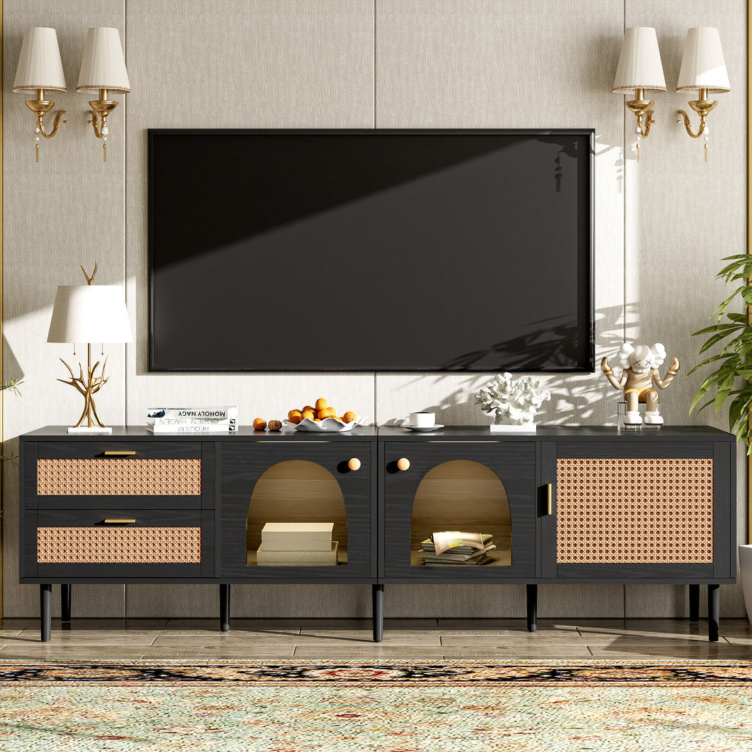 Rattan TV Stand with 3 Cabinets & 2 Drawers