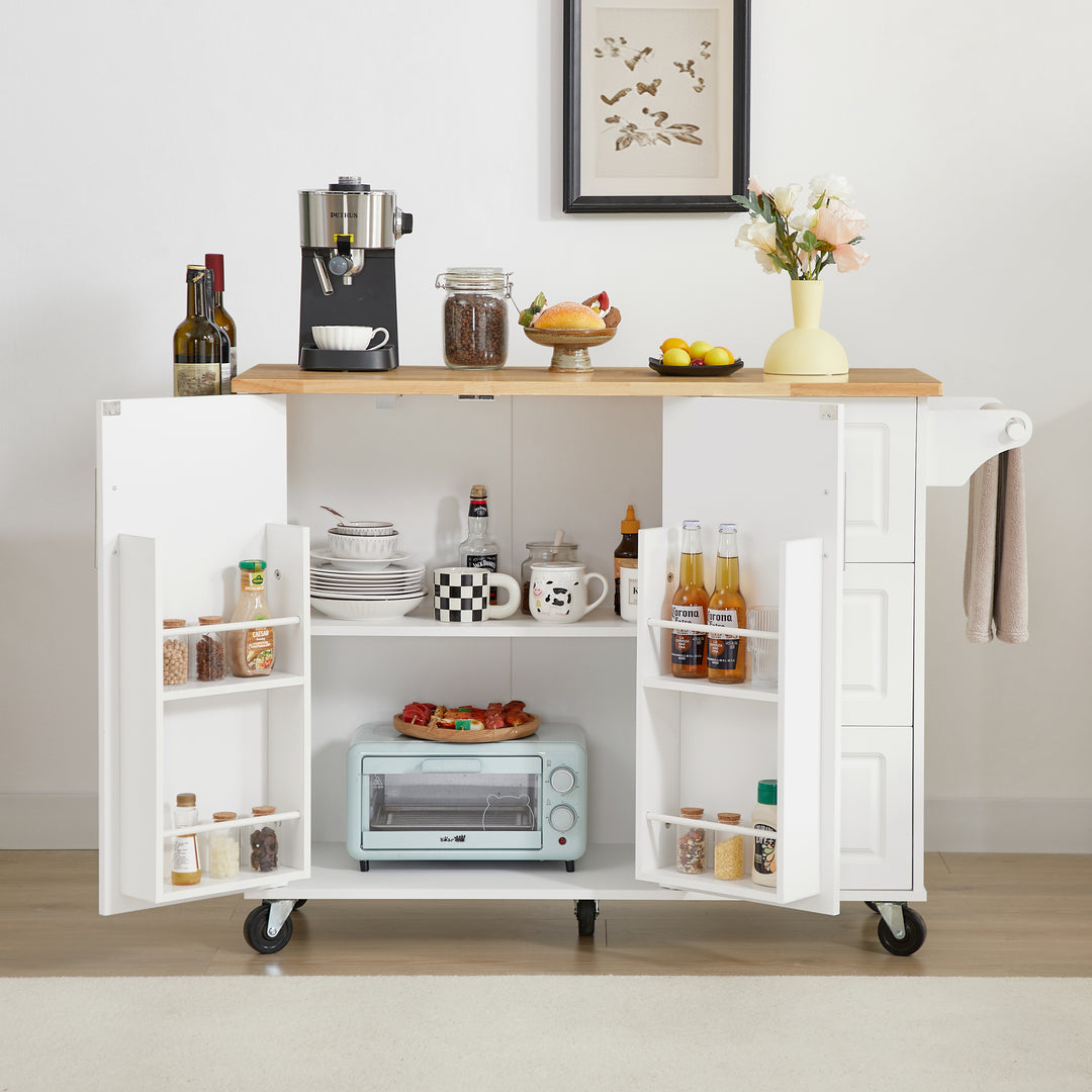 Rolling White Kitchen Island Cart with Drop Leaf Countertop Storage Cabinet