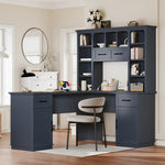 Load image into Gallery viewer, L-Shaped Antique Blue Computer Desk with 2 Drawers Open Shelves &amp; Power Outlet
