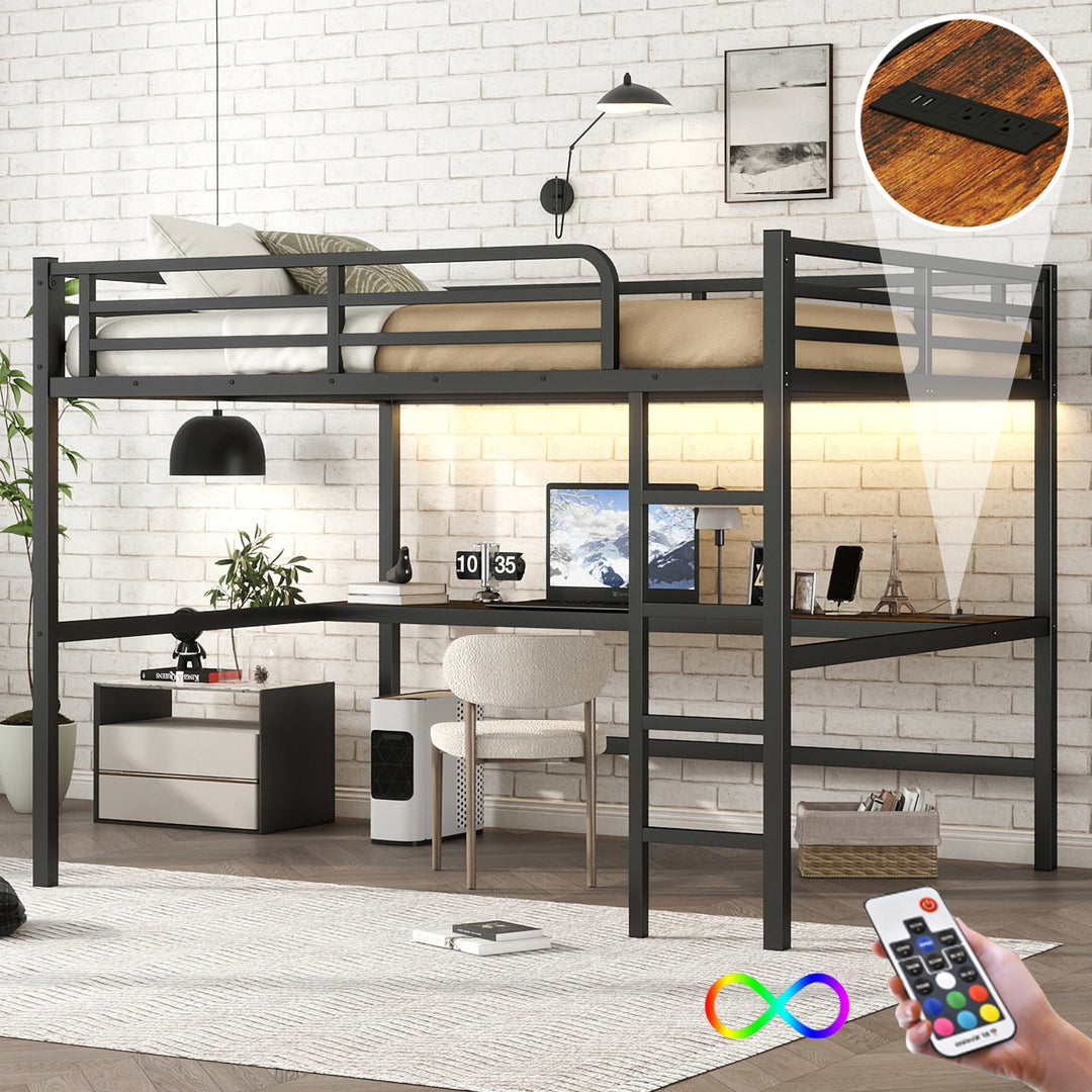 Metal Queen Size Loft Black Bed with Power Outlet & LED Lighted
