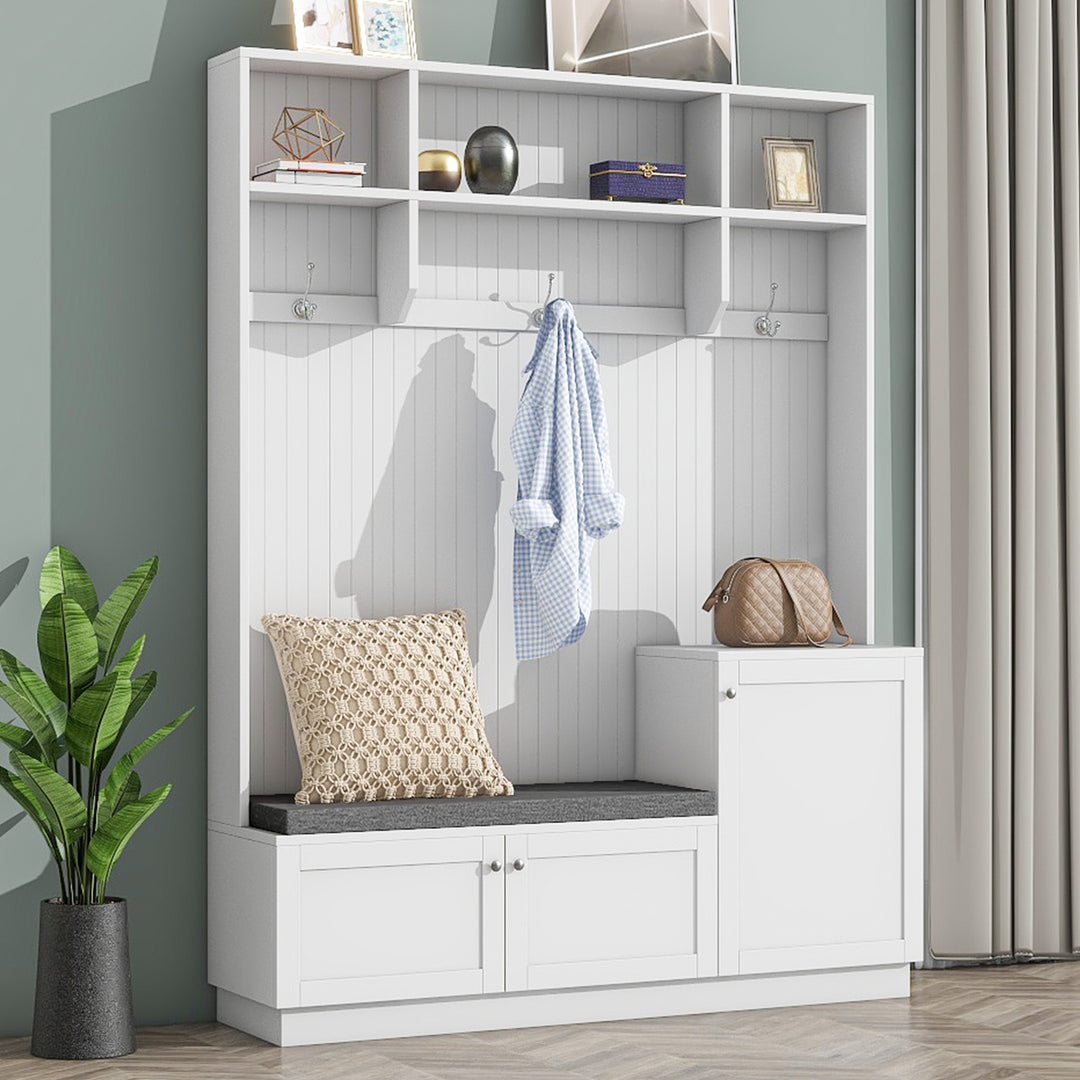 Modern Hall Tree White Coat Rack with Hooks Bench & Cushion