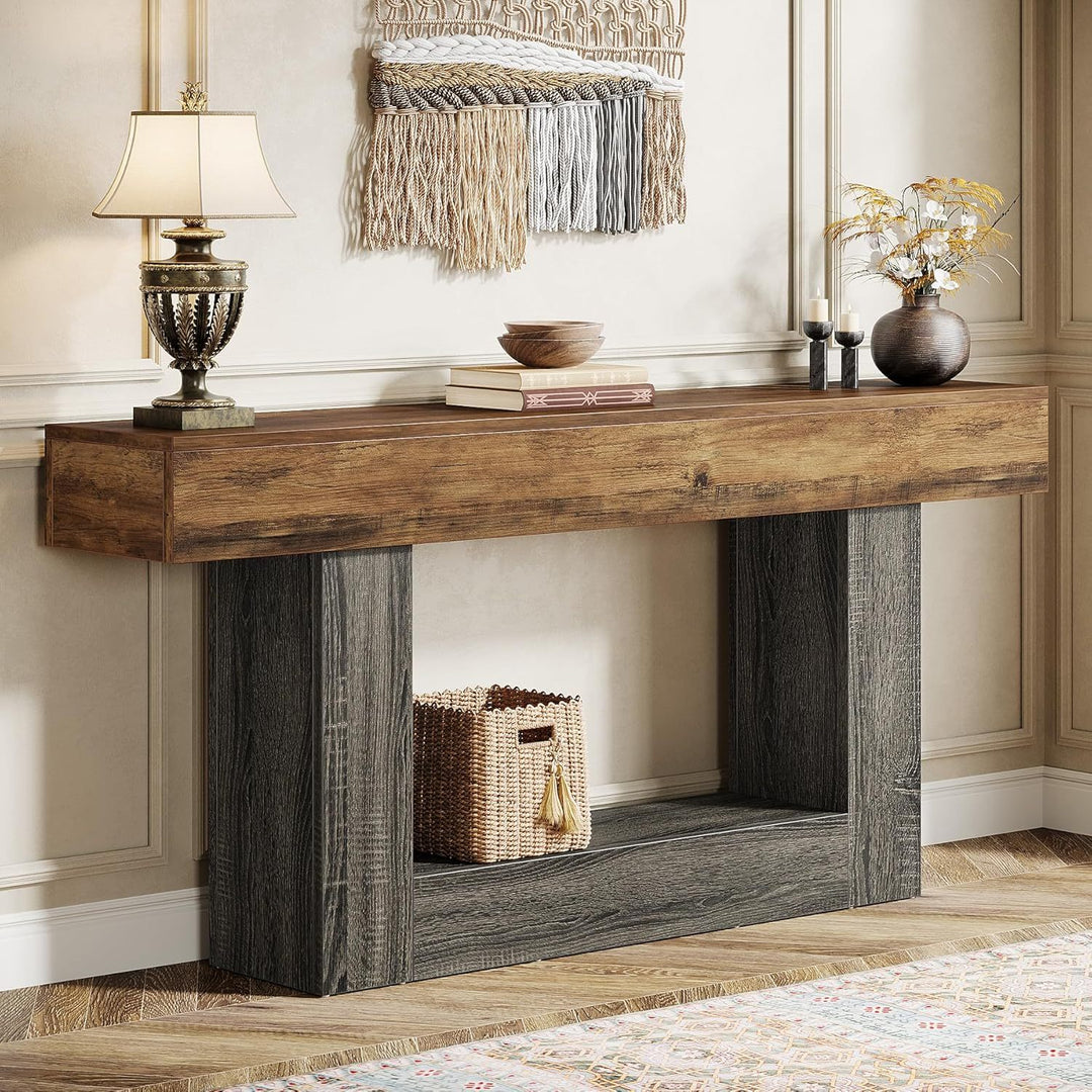 63' Farmhouse 2-Tier  U-Shaped Gray Base Console Table with Storage