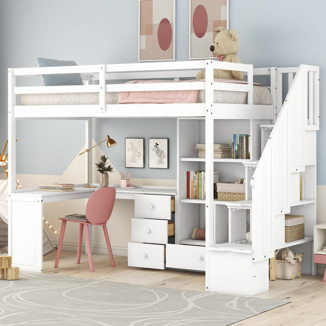 White Twin Size Loft Bed with L-Shaped Desk Drawers Staircase