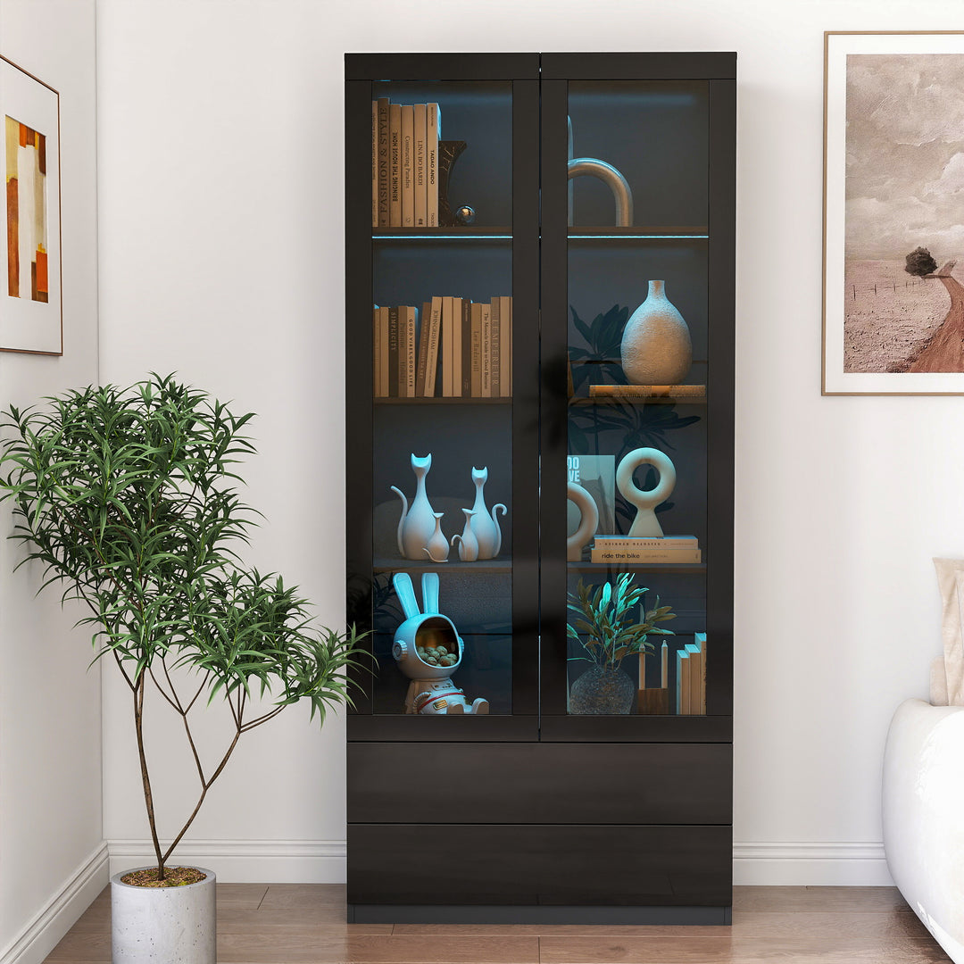 Display Cabinet Bookcase with Glass Doors 2-Drawer and LED Lights