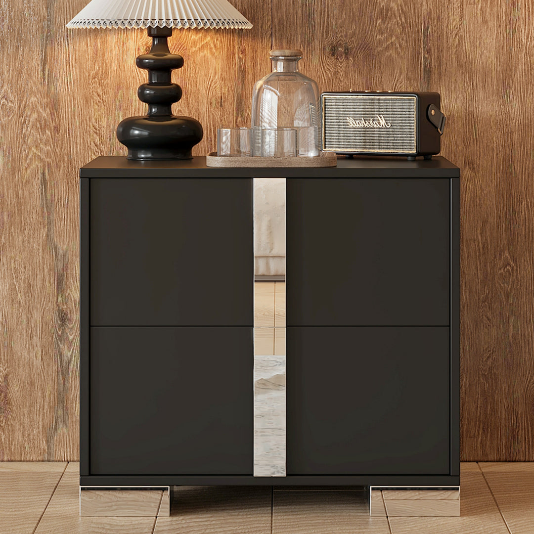 Elegant Black Nightstand with Metal Foot Mirrored