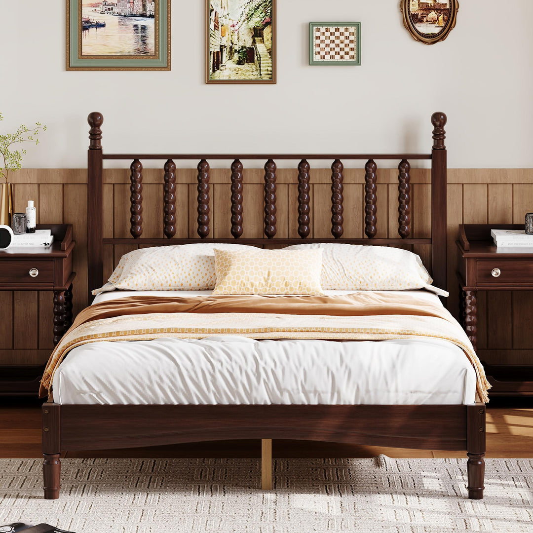 Retro Walnut Full Size Wood Platform Bed with Gourd Shaped Headboard