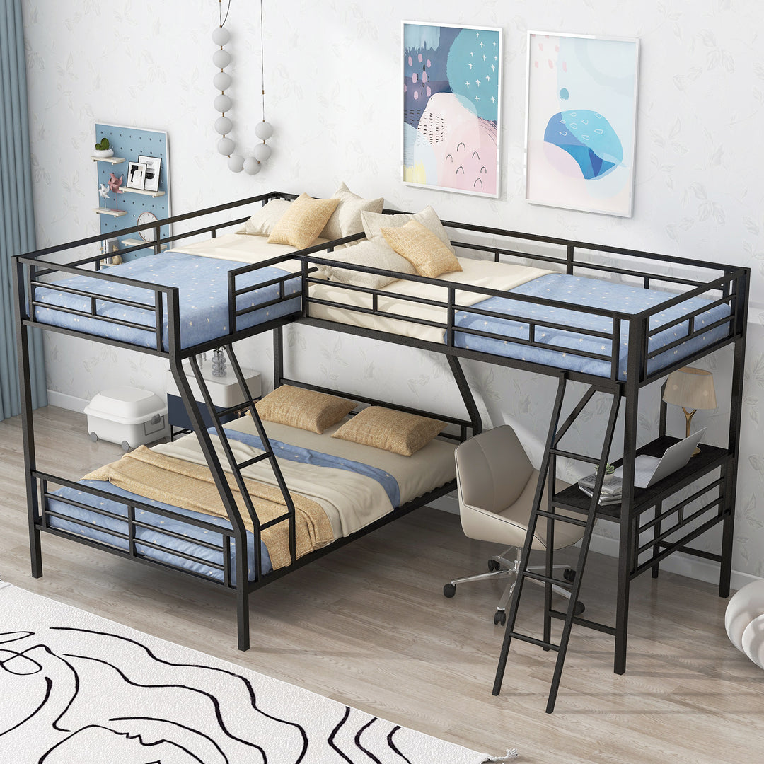 Black Twin over Full Bunk Bed with a Twin Size Loft Bed Attached with Desk