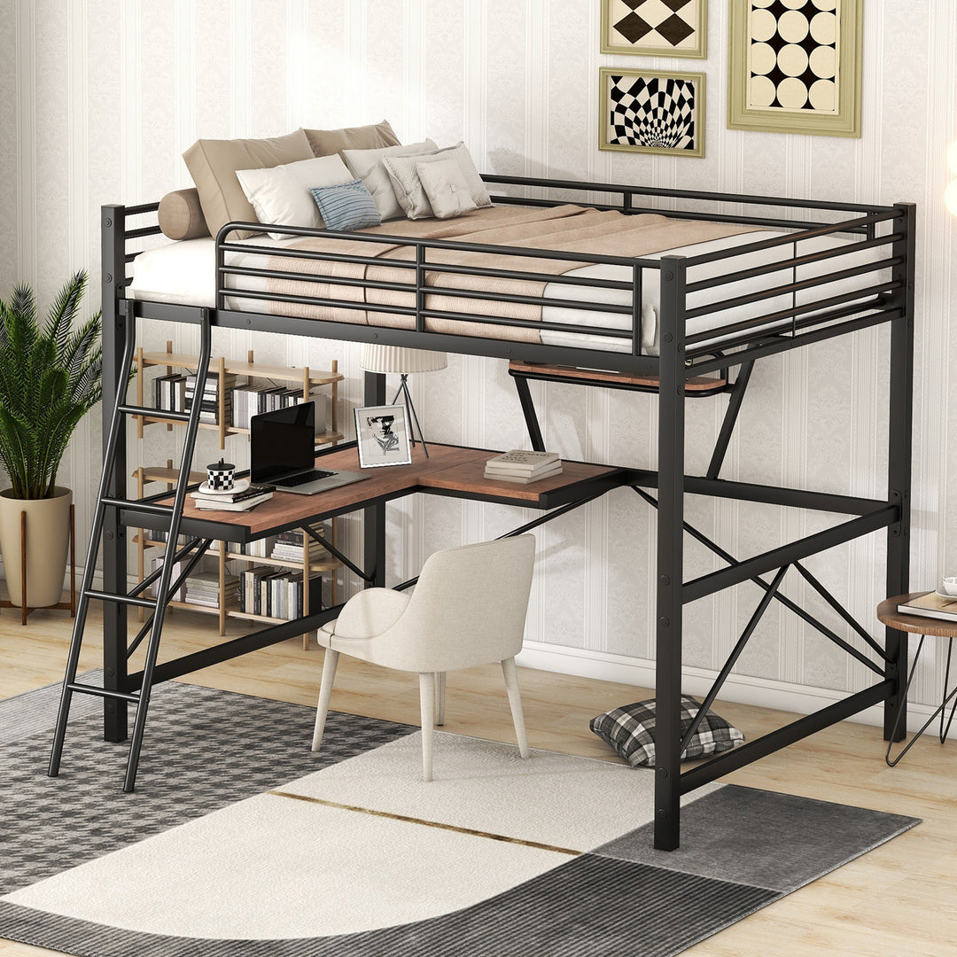 Black Full Size Loft Metal MDF Bed with Desk & Shelf