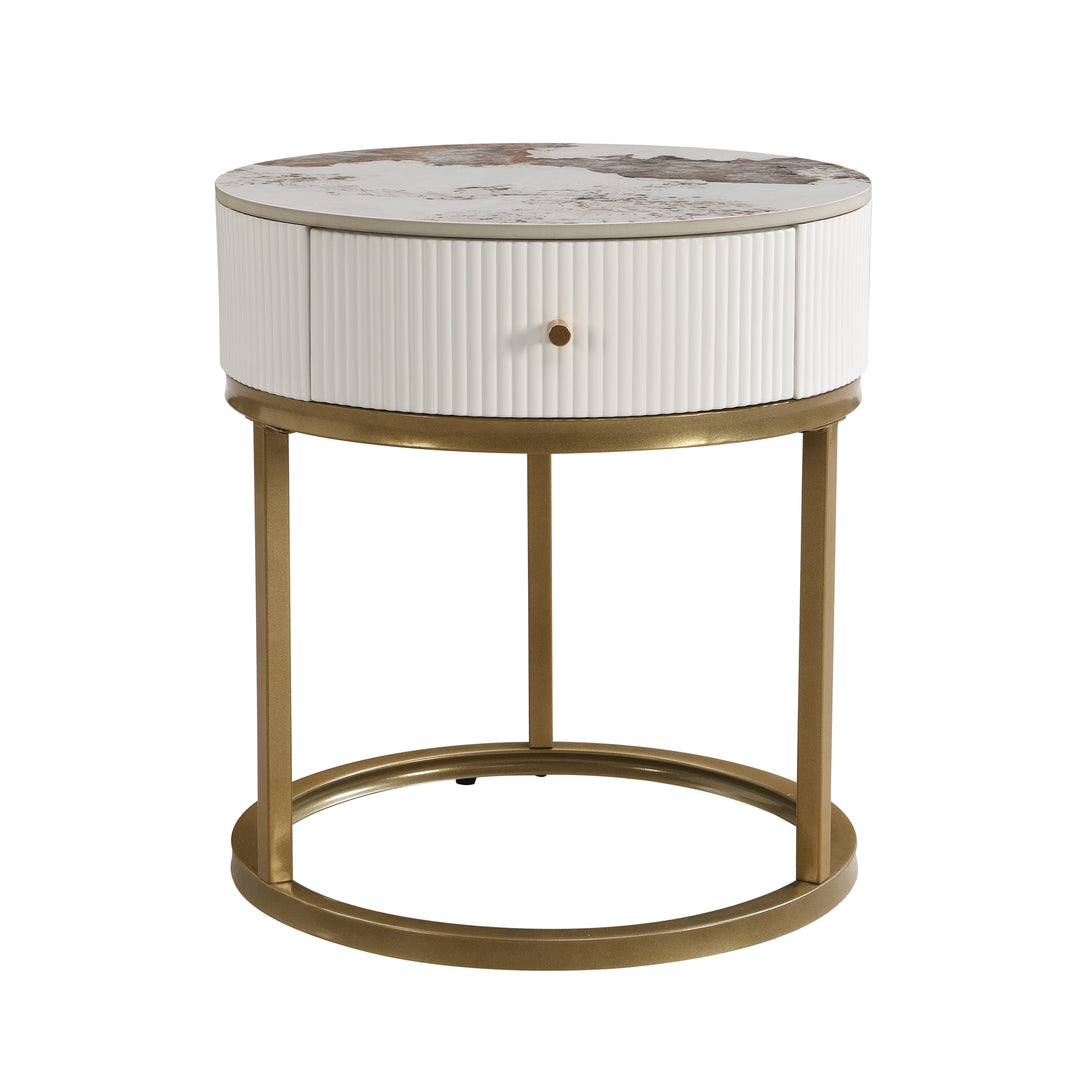 Modern Marble Round End Table White Iron Frame Nightstand with Drawer