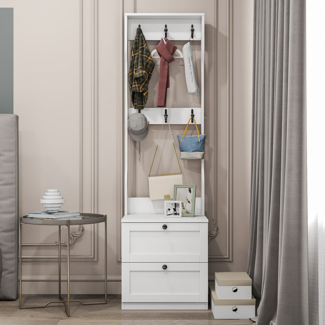 2-in-1 Coat Rack and Nightstand with Drawer & Hooks