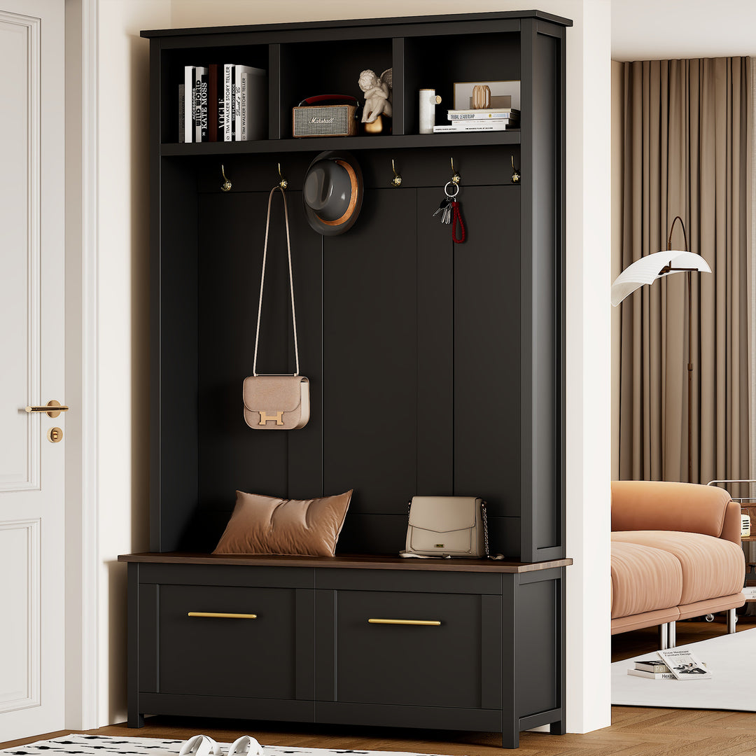 Versatile 4-in-1 Hall Tree Black Coat Rack with 2 Drawers 6 Golden Hooks