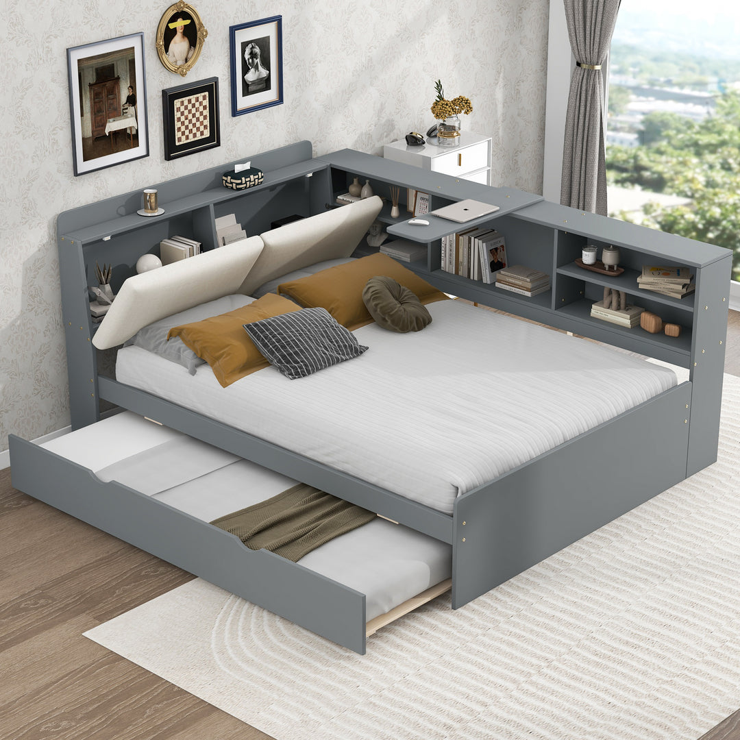 Wood Full Size platform bed with Trundle Shelves and Storage Headboard
