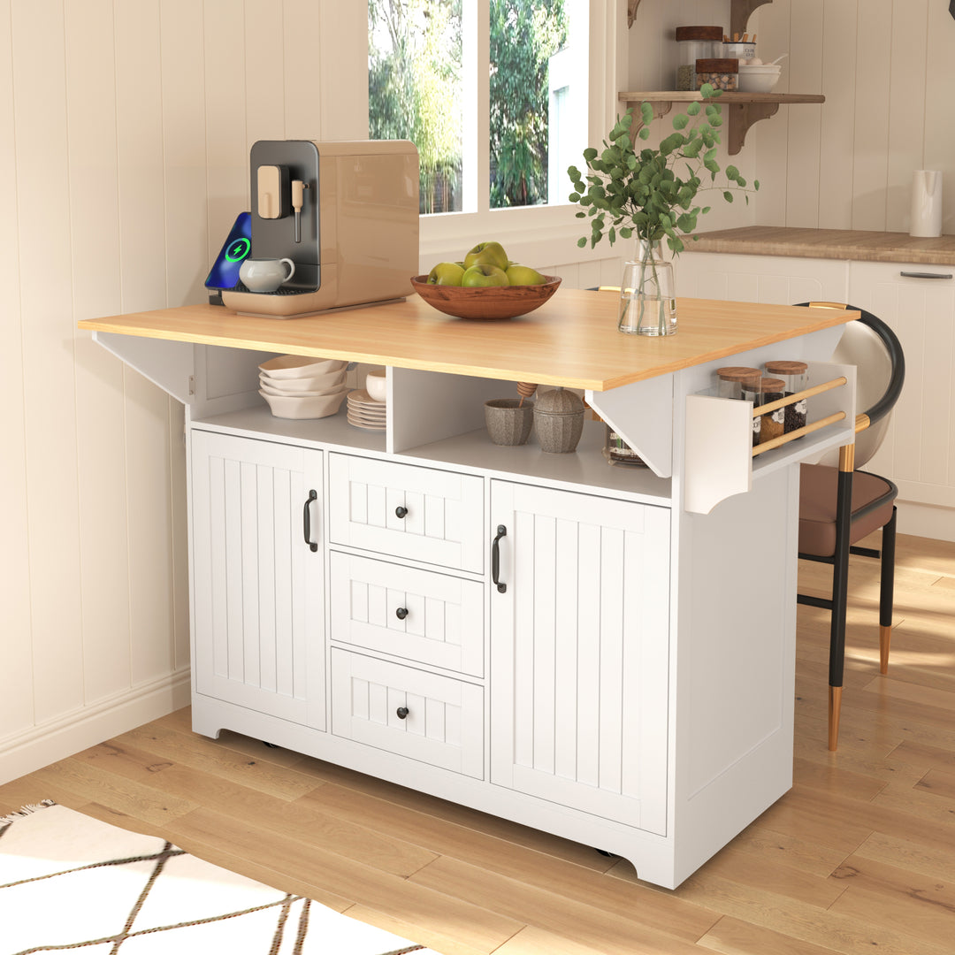 55.7'' Large Kitchen Island Cart Dining Table with 2 Drop Leaf Power Outlet