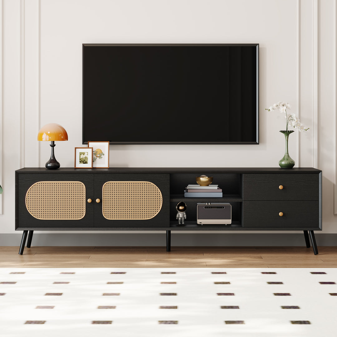 Mid Century Modern 70' TV Stand with Rattan Doors 2 Drawers and Open Shelf