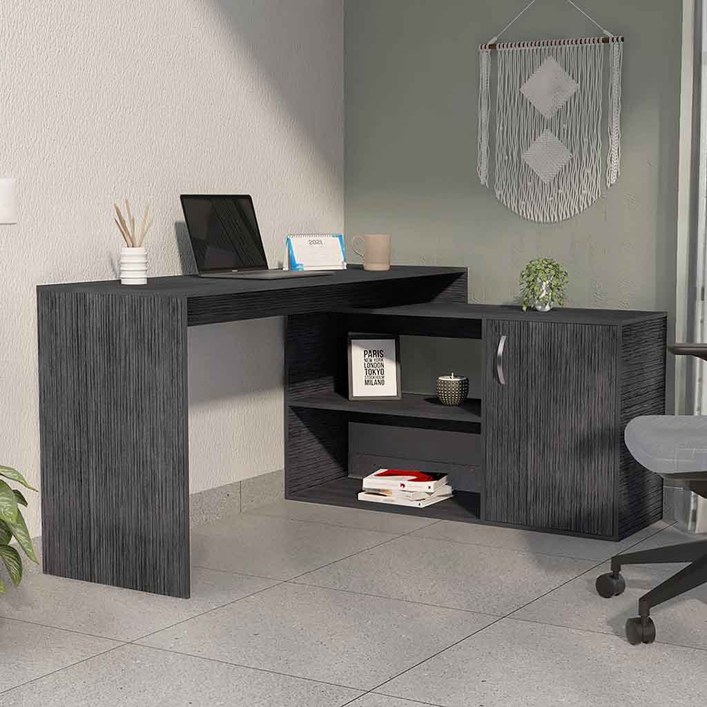 L-Shaped Home Office Desk With Two Shelves Single Door Cabinet