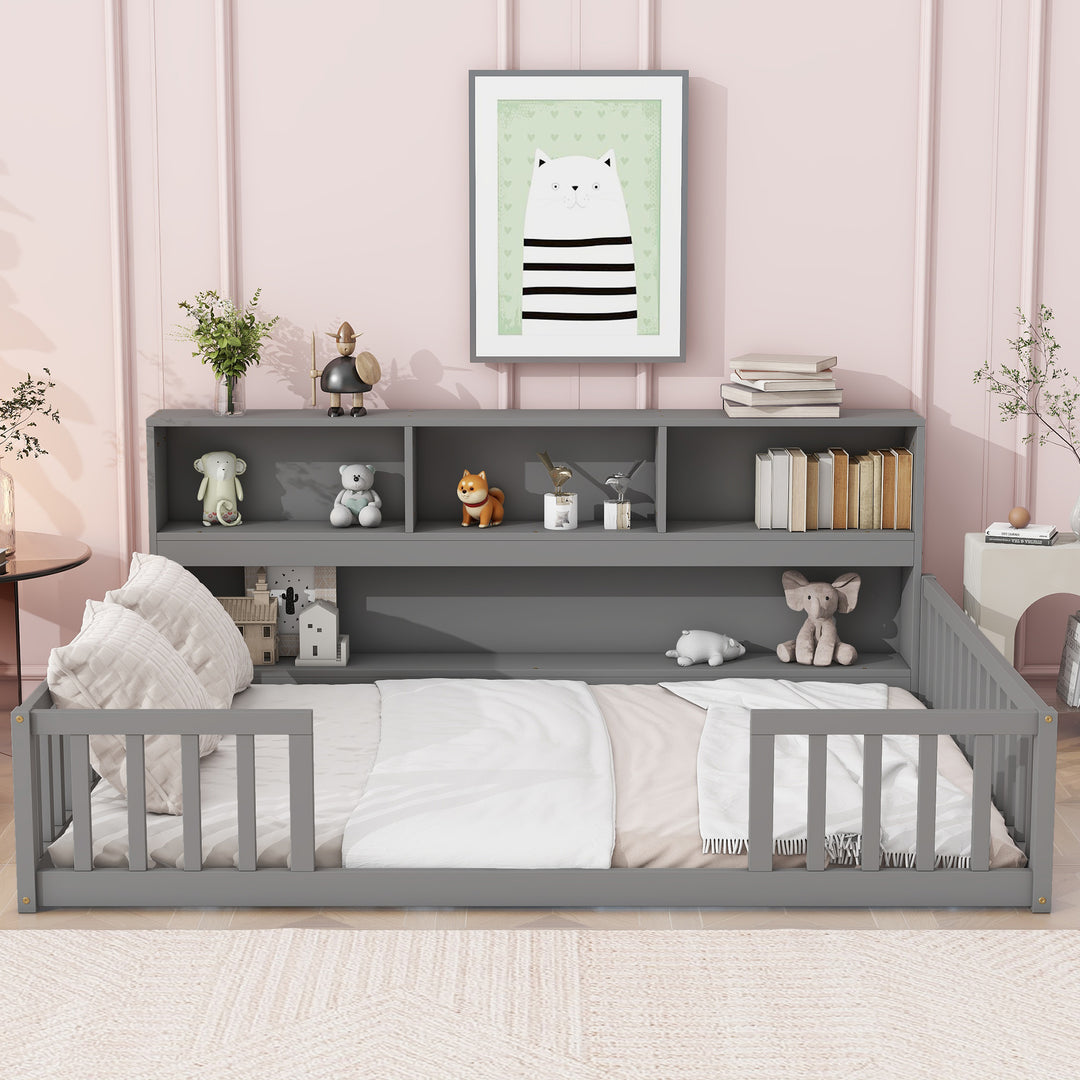 Multifunctional Full Floor Grey Bed with Side Bookcase Shelves Guardrails