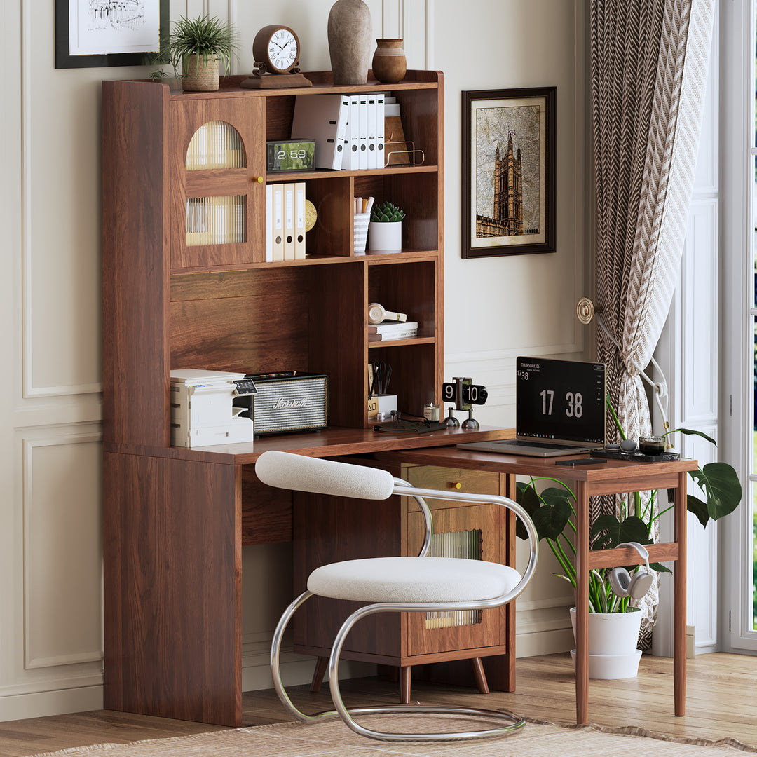 90 Degree Rotating Desktop Office Computer Desk with Storage Drawer & Shelves